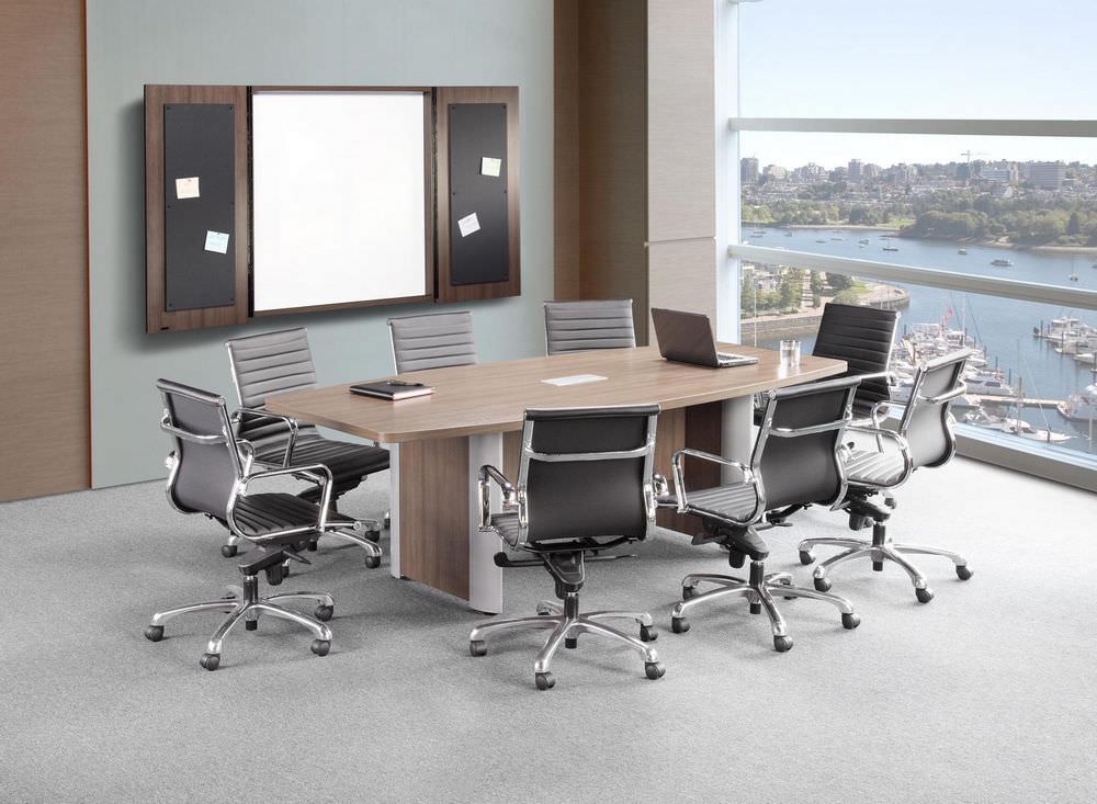 Modern Walnut Boat Shaped Conference Table with Silver Accent Legs.jpg