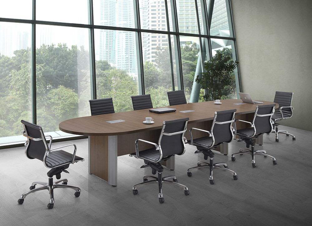 Large Conference Table with Silver Accent Legs Modern Walnut Racetrack